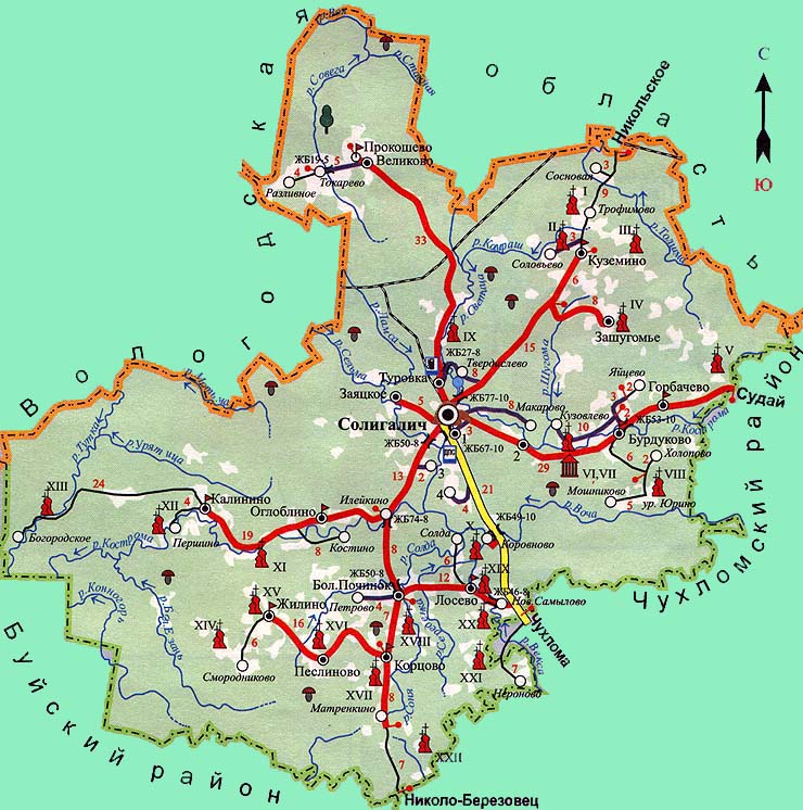 Карта солигаличского района костромской области подробная с деревнями